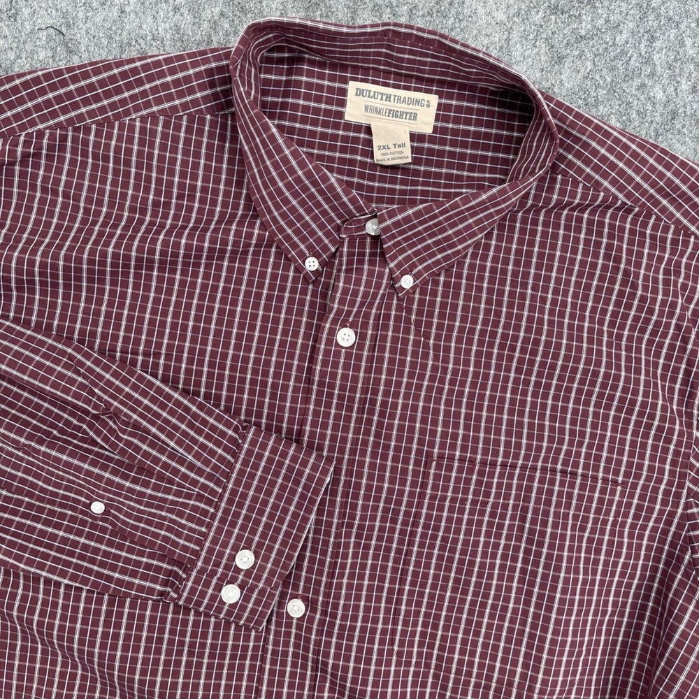 Duluth Trading Co Shirt Mens 2XL Tall Wrinklefighter Red Plaid Button Down